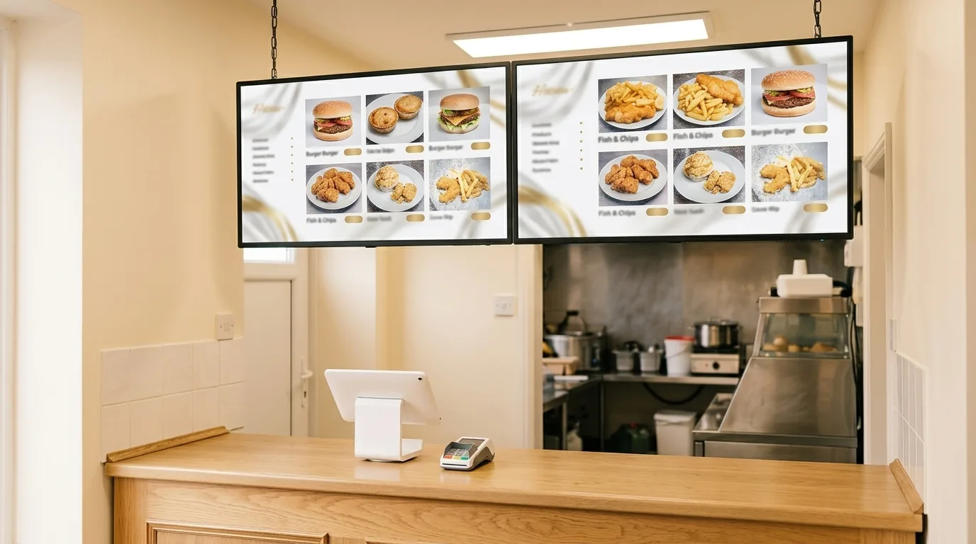 Two digital menu screens above the same takeaway counter