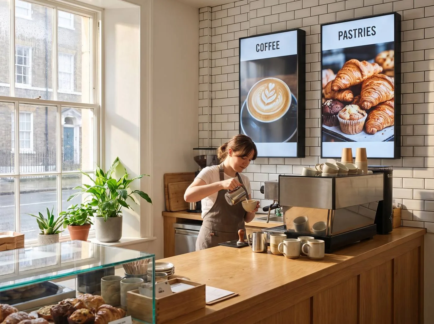 Coffee shop with menu screens behind the counter