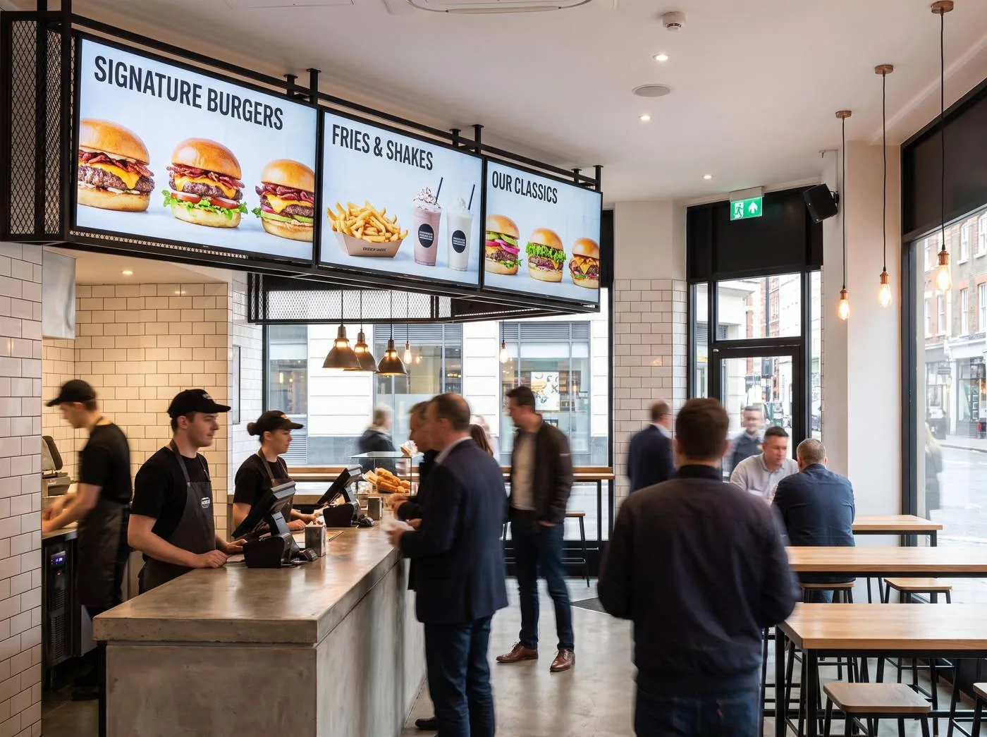 Fast food restaurant with menu screens above the counter