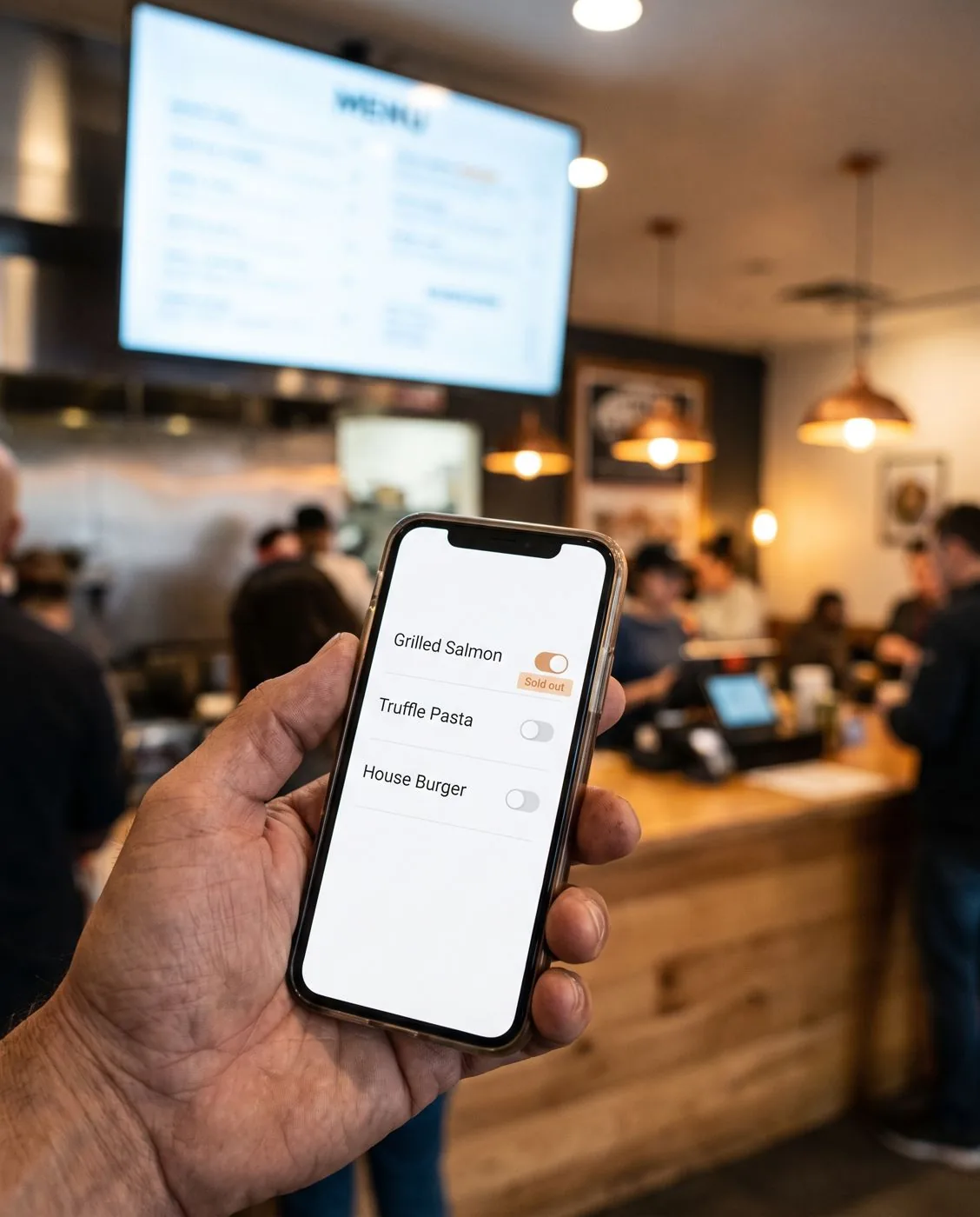Owner updating the menu from a phone at the counter