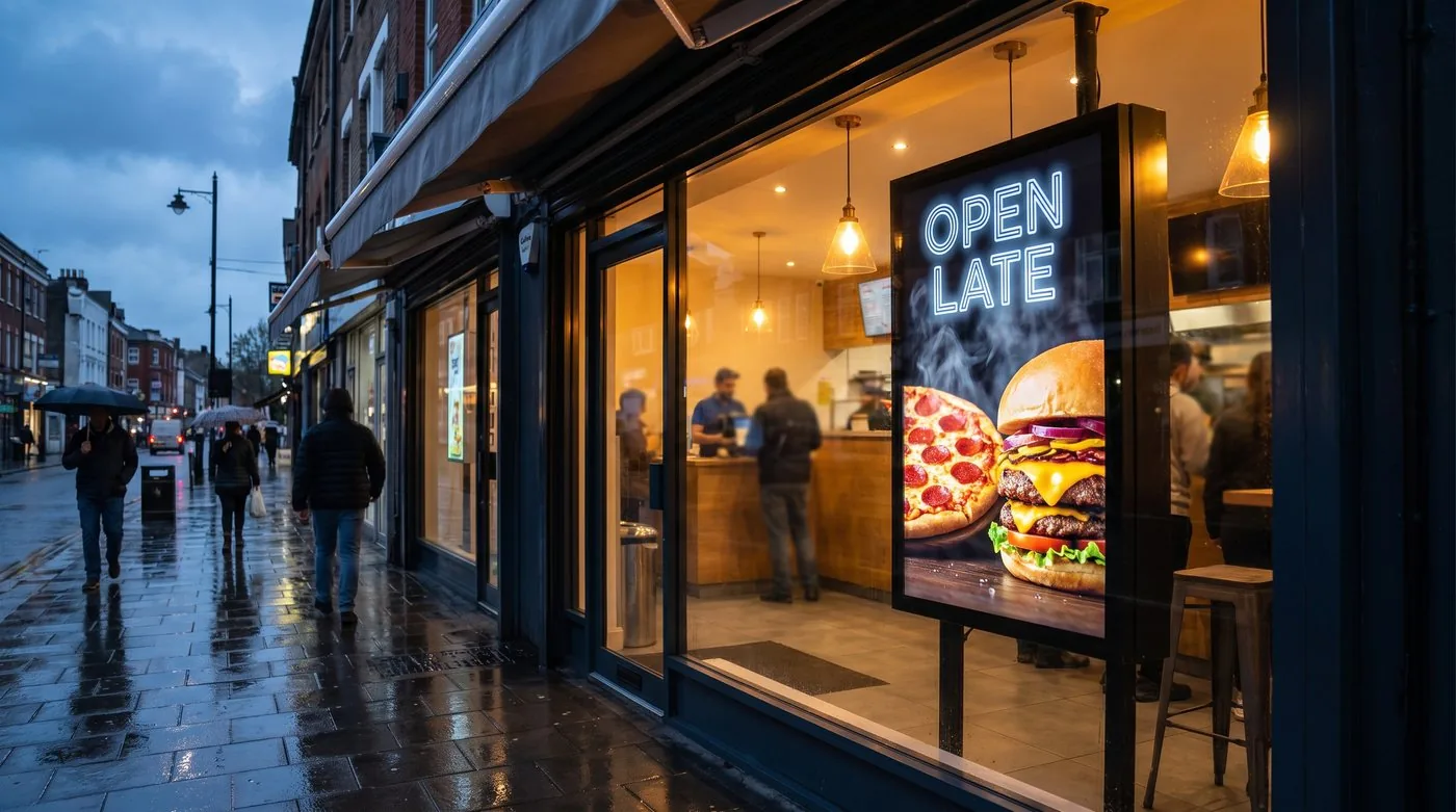 Takeaway window at dusk with a screen showing "Open late"